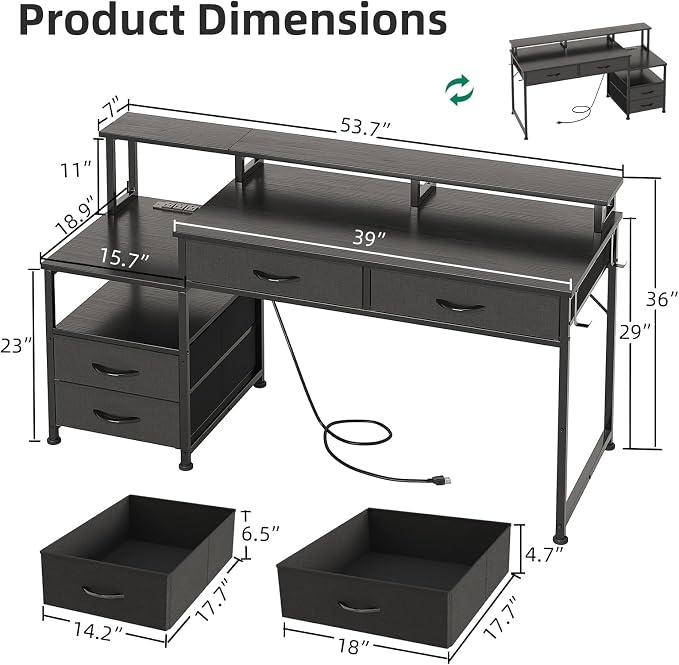 MUTUN 53" Computer Desk with 4 Drawers & Power Outlets, Reversible Home Office Desk with Monitor Stand & Printer Stand, Gaming Desk with Led Lights, Study Writing Work Desk Table for Bedroom (Black) - Image 3