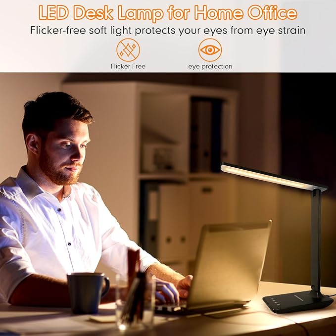 White crown LED Desk Lamp with 15W Wireless Charger & USB Port, Dimmable Table Lamp with 5 Lighting Modes, Sensitive Touch Control, Foldable & Portable Desk Light for Home, Office, Bedroom, Reading - Image 3