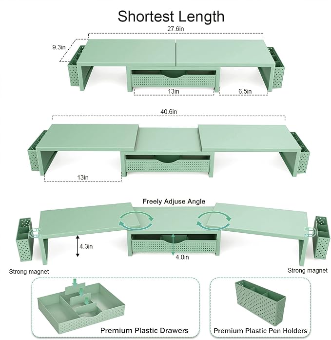gianotter Dual Monitor Stand Riser, Desk Organizer With Drawer and 2 Pen Holders, Computer Monitor Stand, Desk Shelf for Top of Desk (Sage Green) - Image 4