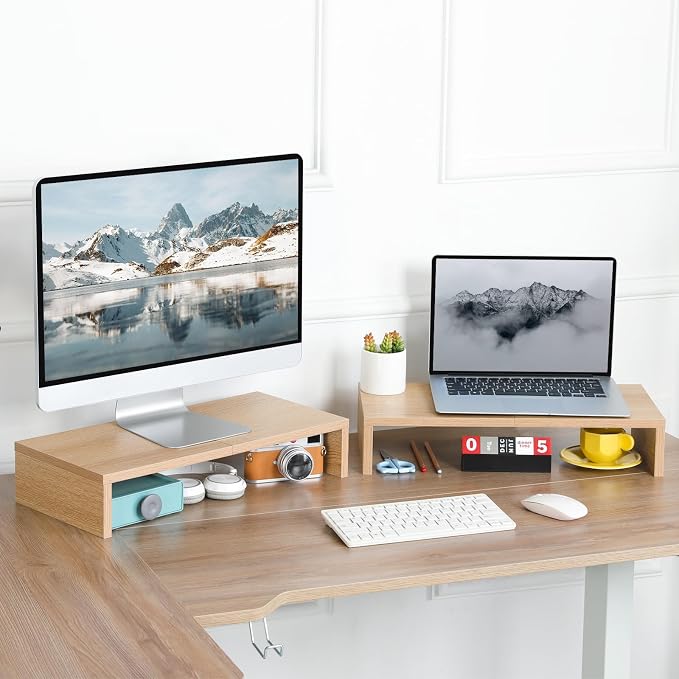 TEAMIX 2 Pack Monitor Stand Riser-20 inch, Wooden Desktop Riser for TV/PC/Laptop/Printer, Cozy Monitor Riser with Storage, Computer Stand Space-Saving - Image 2