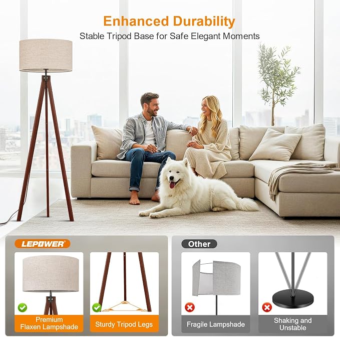 LEPOWER Tripod Floor Lamp Mid Century Modern Standing Lamps for Living Room | Light-Diffusing Linen Shade, Premium Rubberwood Tripod with E26 Base, Adding Warmth to Bedroom, Office & Study Corner Brown - Image 7