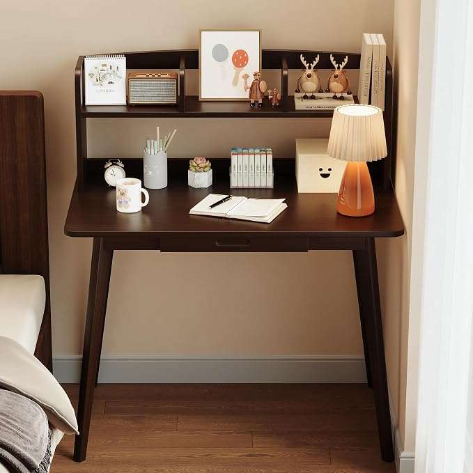 IOTXY Small Writing Desk with Hutch - 39.4" Work Computer Study Table | Black Walnut, Storage Drawer, Space-saving for Home and Office, with Bookshelves - Image 8