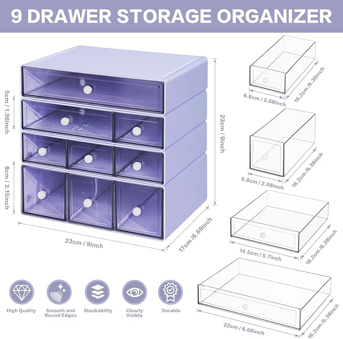 Desk Storage Organizer with 9 Drawers, 4 Tiers Stackable Desktop Craft Storage Drawers, Clear Storage Box Caddy for Stationary Makeup Jewelry Office Craft Supplies (Purple) - Image 3
