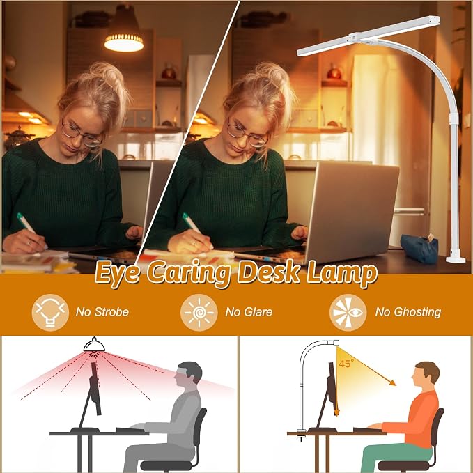 LED Desk Lamp with Clamp and Base, Dual Head Monitor Light | 24W Dimmable Eye-Caring Task Lamp with Timer, Anti-Glare Cover and Gooseneck for Home Office Dorm, Workbench and Study - Image 5