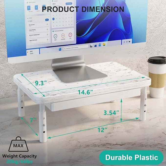 WALI Computer Monitor Stand with Storage, Desk Monitor Riser 3 Height Adjustable, Laptop Riser with Airflow Vents, Desk Organizer for Computer, Laptop, Printer (PTT002-M), 1 Pack, Marble - Image 3