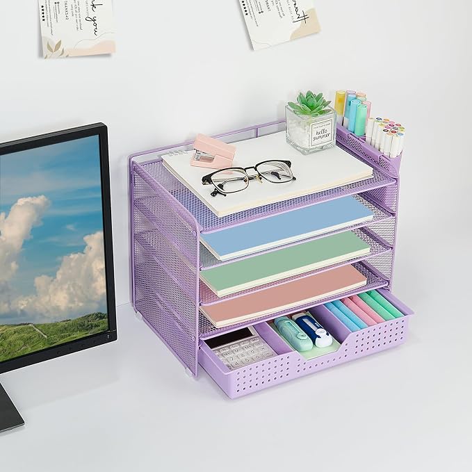 LEKETREE Desk Organizers and Accessories, 5-Tier Paper Letter Tray Organizer with Drawer & 2 Pen Holders, Desktop Organizer for Office Supplies (Purple) - Image 3