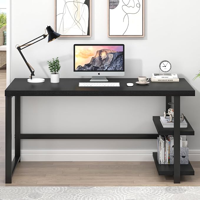 EXCEFUR Black Desk, Modern Computer Desk for Home Office, Metal Wood Writing Study Table Workstation with Storage Shelf for Living Room, Bedroom, 53 Inch - Image 7