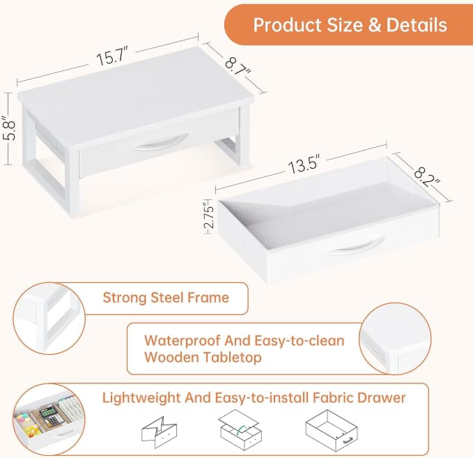 Desk Organizers and Accessories, Computer Monitor Stand Riser with Drawer, White Laptop Stand for Desk with Storage, Office Organization, Wood - Image 6