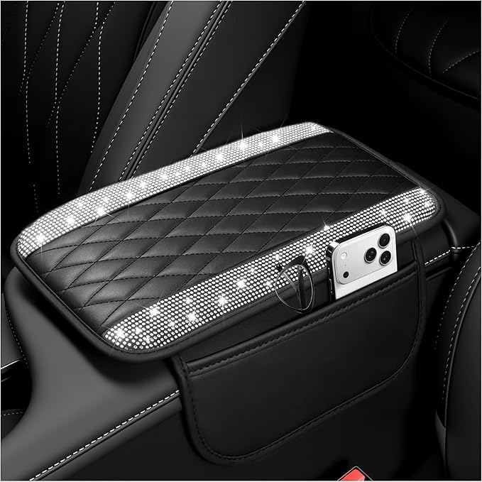 Stacool Upgraded Car Center Console Cover with Rhinestones,Microfiber Leather Car Armrest Cover Cushion with 2 Storage Bags,Universal Cars Armrest Storage Box as Cars Interior Accessories by Unknown