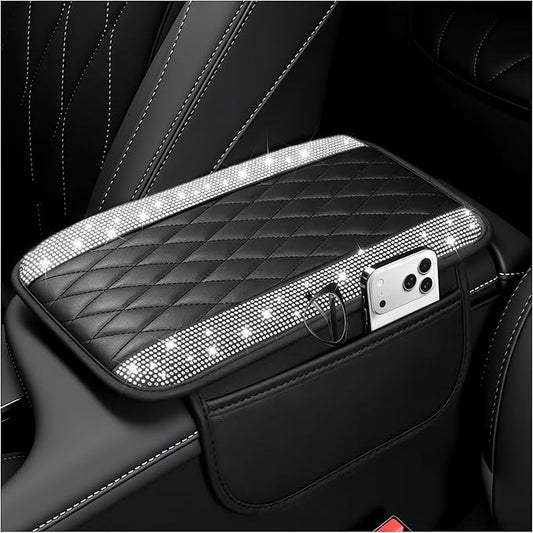 Stacool Upgraded Car Center Console Cover with Rhinestones,Microfiber Leather Car Armrest Cover Cushion with 2 Storage Bags,Universal Cars Armrest Storage Box as Cars Interior Accessories by Unknown