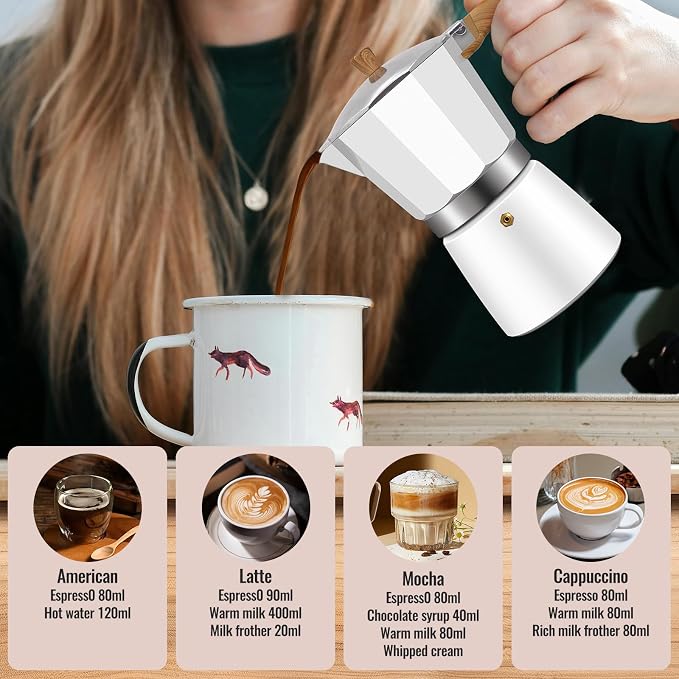 6 Cup Aluminum Moka Pot Classic Stovetop Espresso Coffee Maker 300ml 10oz Coffeemaker Percolator Mocha Express Preferred Cafe Makers for Italian and Cuban Café Brewing White - Image 7