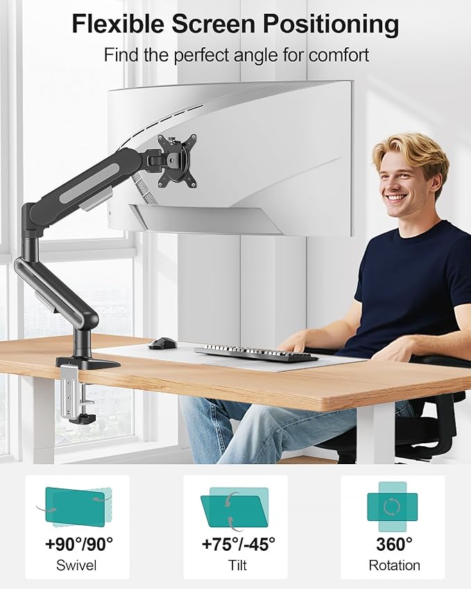 MOUNT PRO Single Monitor Desk Mount for Max 40 Inch Screens, Adjustable Gas Spring Monitor Arm Holds up to 26.5lbs, Computer Monitor Stand with Clamp and Grommet Base, VESA Mount 75x75mm/100x100mm - Image 3