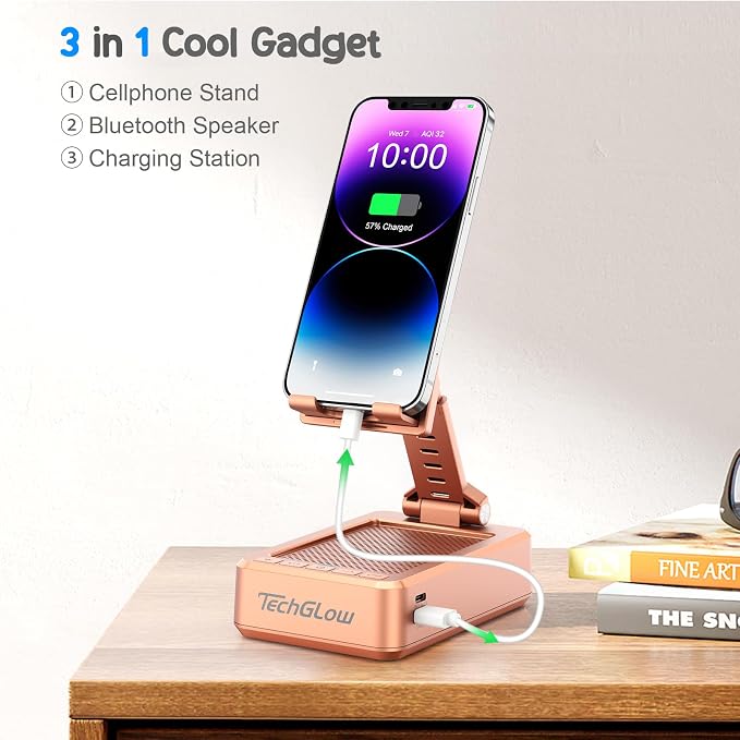 TechGlow Gifts for Men Women Foldable Cellphone Stand with Bluetooth Speaker and Charging Function Birthday Gift Idea for Mom Dad Cool Gadget Tech Gifts-Rose Gold - Image 2