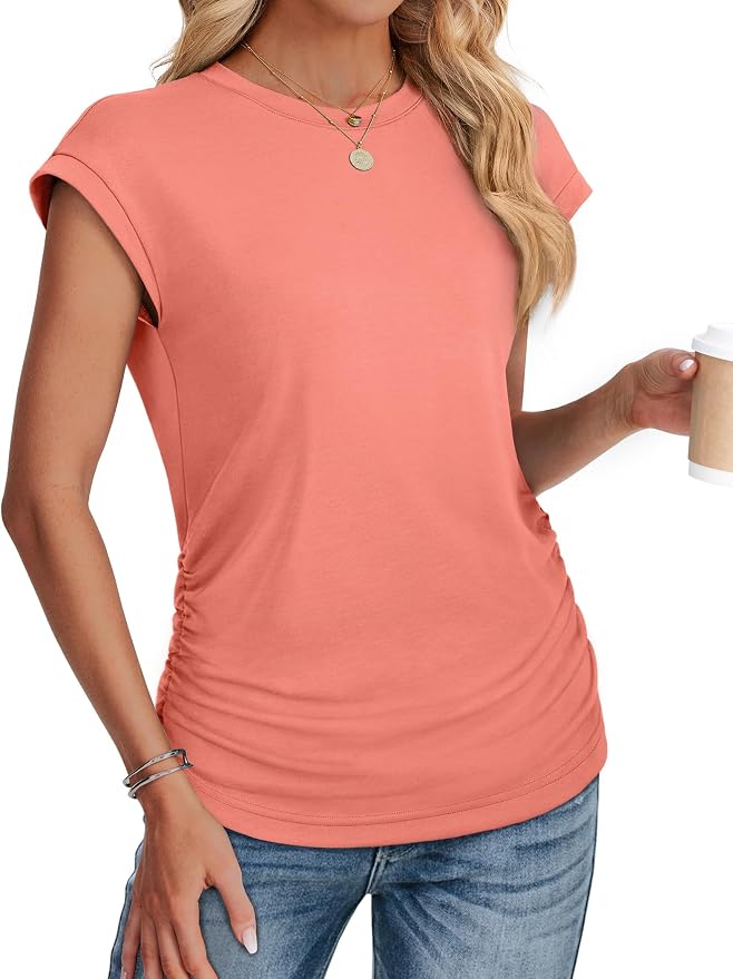 Sampeel Womens Summer Tops Trendy 2026 Ruched Cap Short Sleeve Tshirts Shirts Crew Neck T Shirts Fashion - Image 3