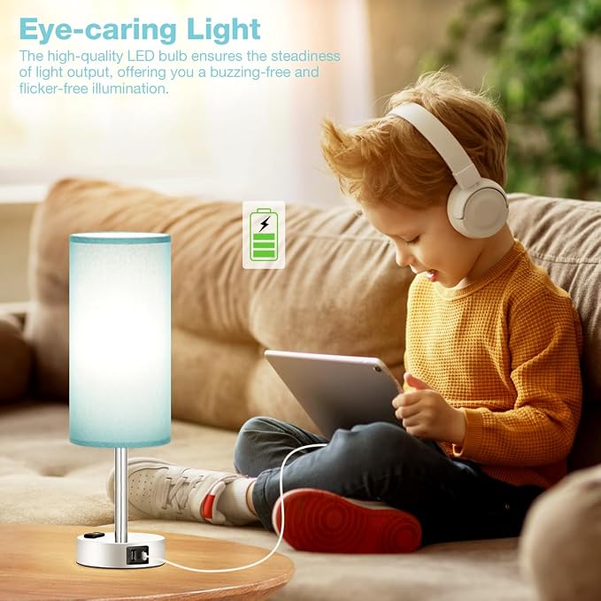 Fenmzee Turquoise Nightstand Table Lamp for Bedroom - 3 Way Dimmable Touch Lamp USB A and C Charging Ports and AC Outlet, Small Lamp for Office Desk with Metal Base, LED Bulb Included - Image 4