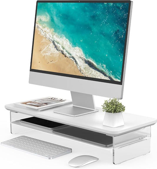 Fenge 23.6" Monitor Stand with Clear Acrylic Legs, White | Clear acrylic, storage compartment, 2-tier home office monitor riser, wide large desktop shelf fit monitor/laptop/printer by Fenge
