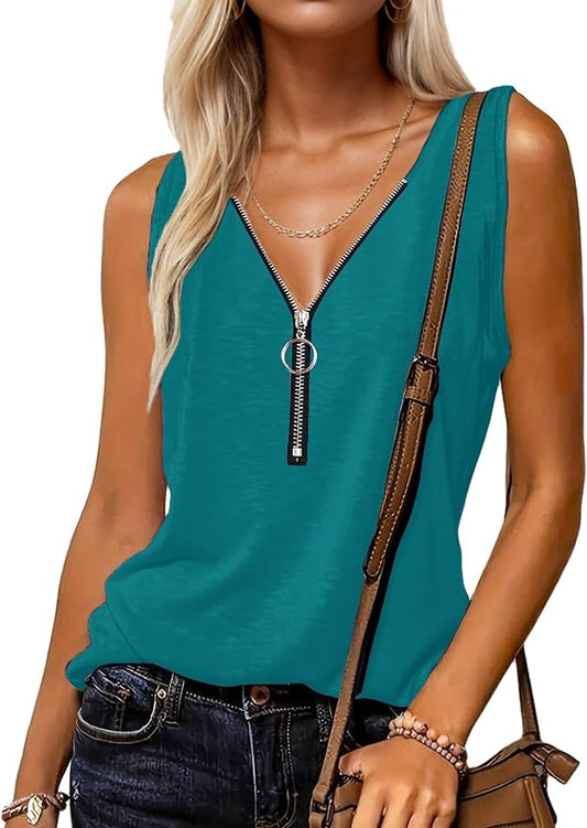 Halife Womens Half Zip V Neck Tank Tops Summer Sleeveless Shirts Casual Loose Top Blouses T Shirts by Halife