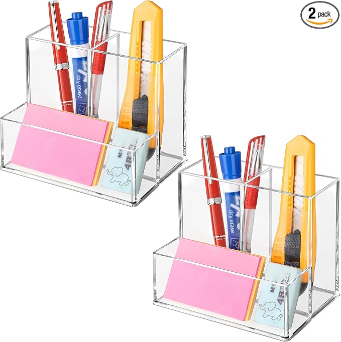 2 Pcs Acrylic Pen Holder for Desk, Pencil Holder for Home,Office | Plastic Marker Holder with 3 Compartments, Pencil Organizer for Classroom, Makeup Brush Holder for Bathroom, Remote Holder by Banafich