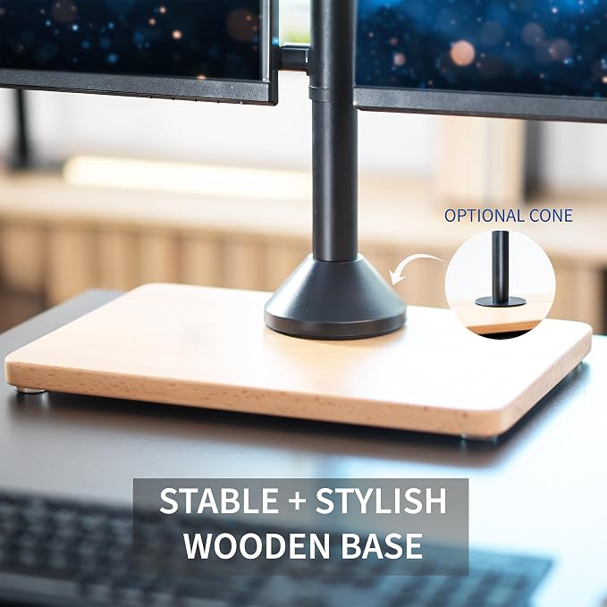VIVO Dual Monitor Desk Stand for 13 to 32 inch Screens, STAND-V002FD-B | Articulating, Freestanding Adjustable Monitor Arm, Black with Wood Base, Computer Stand for 2 Monitors, Holds 22 lbs Each - Image 3