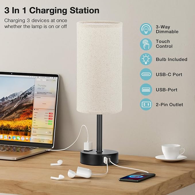 Fenmzee Beige Touch Table Lamp for Bedroom - 3 Way Dimmable Bedside Lamp USB C Charging Ports and AC Outlet, Small Lamp with Fabric Shade Black Base for Living Room, Office Desk, LED Bulb Included - Image 3