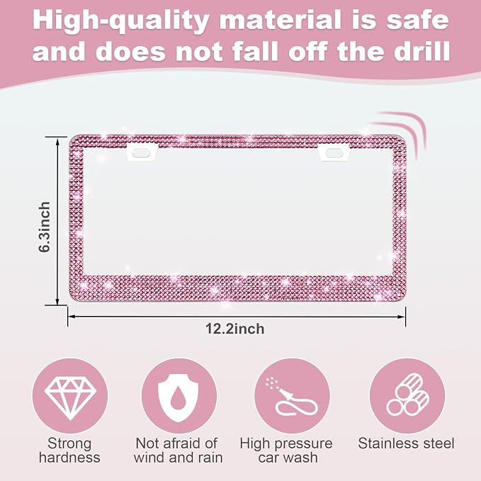 QUANQIUFEI 2 Pack Bling License Plate Frames for Women, Sparkly Rhinestone Diamond Car Accessories with Glitter Crystal Caps (Dark Pink) - Image 2
