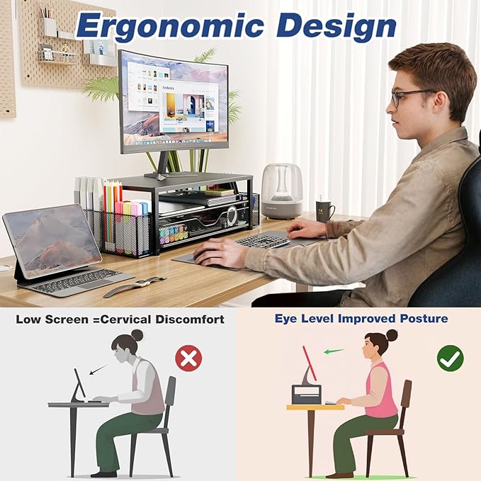 OPNICE Desk Organizers and Accessories, 2-Tier Computer Monitor Stand Riser with Drawer and 2 Pen Holders, Laptop Stand, Office Desk Accessories & Office Decor for Women, Purple - Image 6