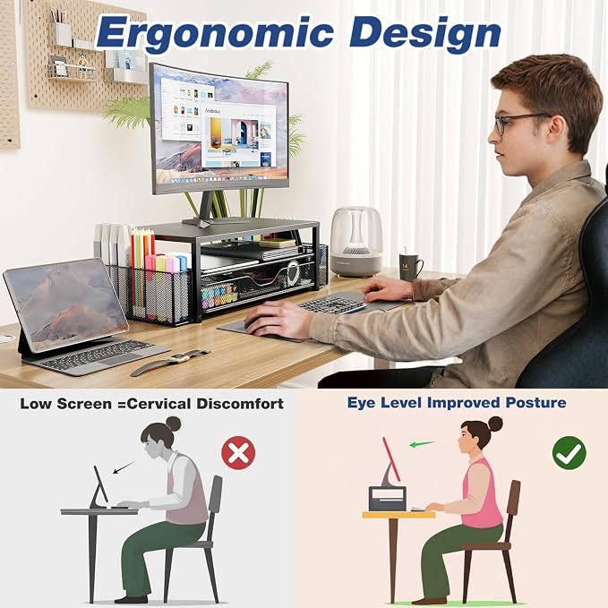 OPNICE Desk Organizer and Accessories, 2-Tier Computer Monitor Stand Riser with Drawer and 2 Pen Holders, Laptop Stand, Office Desk Accessories for Office Supplies, Black - Image 2