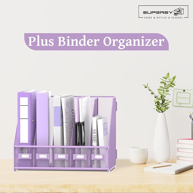 SUPEASY Desk Organizers Metal Desk Magazine File Holder with 5 Vertical Compartments Rack File Organizer for Office Desktop, Classroom, Home Workspace, Purple Plus - Image 2