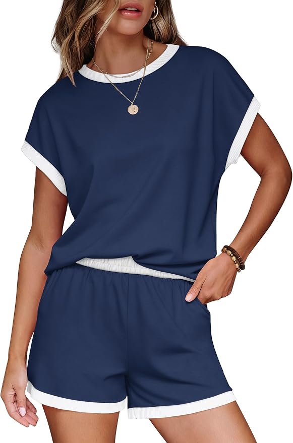 WIHOLL Two Piece Sets for Women Summer Lounge Short Sets Cap Sleeve Crew Neck Sweatsuit with Pocket XS-2XL - Image 2