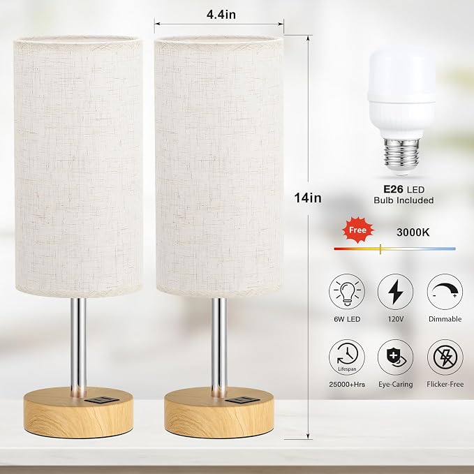 Dicoool Bedside Table Lamp Set of 2-3-Way Dimmable Touch Lamp, USB A+C | LED Bulb Included, USB C+A Charging Ports, Cream Fabric Lampshade, Metal Base, 14" Small Lamps for bedroom, Living Room - Image 7