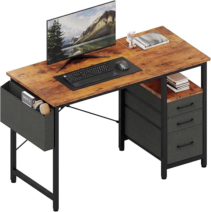 DUMOS 39 Inch Small Computer Desk with Storage, Fabric Drawers | Writing Table, Side Pocket, Space Saving Workstation, Home Office, Gaming Setup, Dorm Apartment, Rustic Brown by DumosLifestyle