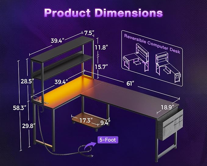 ODK 61" L Shaped Gaming Computer Desk with Shelves, LED & Outlets, Black | Headset hook. Storage bag. Shelves for books & supplies. LED for gaming nights. Reversible. Room for multiple monitors. - Image 3