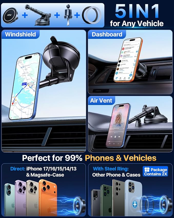 HTU 2026 Upgraded for Magsafe Car Mount [80LBS Strongest Suction & Military-Grade] Powerful Magnetic Cell Phone Holder for Car Dashboard Windshield for iPhone 17 16 15 14 Pro Max Mini,Black - Image 9