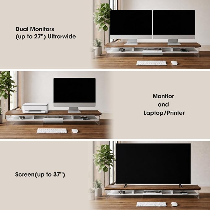 Fenge 42.5" Dual Monitor Stand with Clear Acrylic Legs, Brown | Clear acrylic, storage compartment, 2-tier home office monitor riser, wide large desktop shelf fit monitor/laptop/printer - Image 5