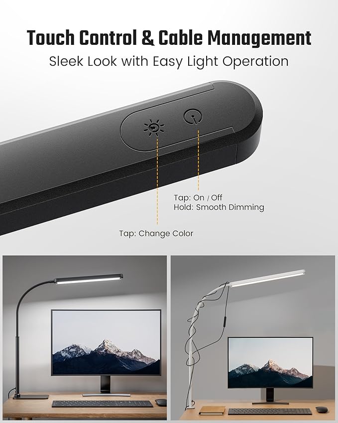 SUPERDANNY Eye-Caring LED Desk Lamp with Base 360° Flexible Gooseneck Work Lamp Touch Control 3 Light Colors Smooth Dimming Task Lighting Reading Light for Home Office College Dorm, Black - Image 3