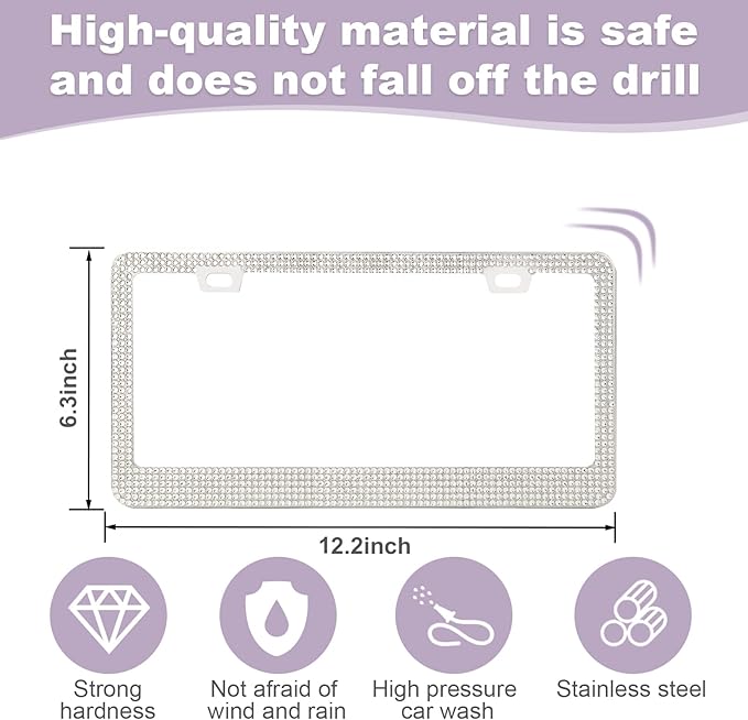 QUANQIUFEI 2 Pack Bling License Plate Frames for Women, Sparkly Rhinestone Diamond Car Accessories with Glitter Crystal Caps (White) - Image 4
