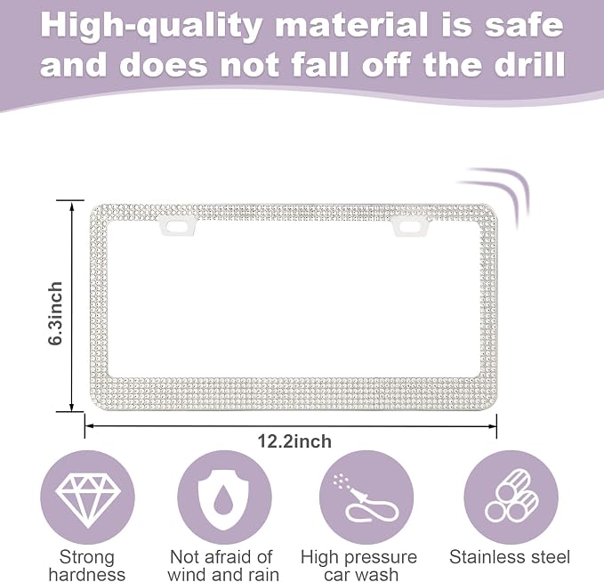 QUANQIUFEI Bling License Plate Frames for Women, Sparkly Rhinestone Diamond Car Accessories with Glitter Crystal Caps (1 Pack White) - Image 2