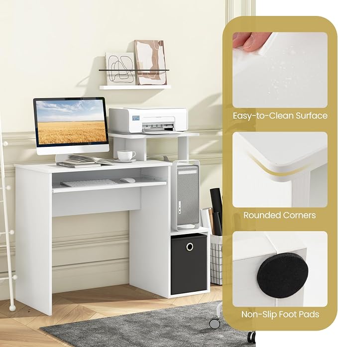 Tangkula Computer Desk with Fabric Drawer & Keyboard Tray, Space-Saving Study Writing Desk with Open Storage Shelves & Printer Stand, Modern Home Office Computer Workstation for Small Spaces (White) - Image 6