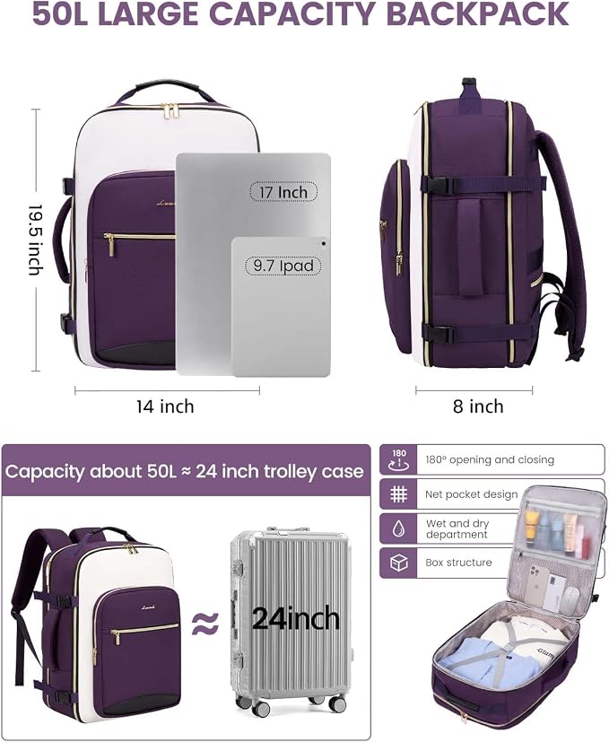 LOVEVOOK 50L Travel Backpack for Women & Men, Airline Approved Carry On Luggage with 3 Packing Cubes, TSA Overnight Bags, Waterproof Personal Item Bag, Weekender Essentials Backpacks fits 17" Laptop - Image 3