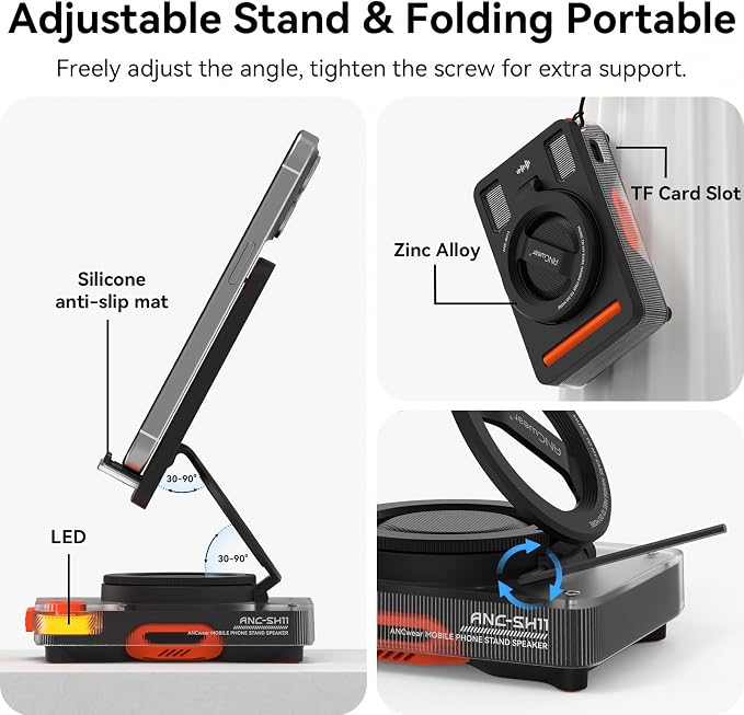 ANCwear Bluetooth Speaker Phone Stand for Desk, Portable Wireless Speaker with Adjustable Cell Phone Holder, Bluetooth 5.4 Audio Stand with TF Card Slot for Kitchen Bedside, Cool Tech Gift - Image 2