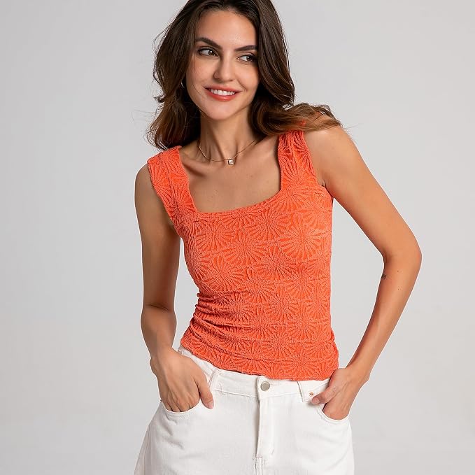 Women's Square Neck Wide Strap Crop Tank Tops Flower Going Out Tops Slim Fit Lettuce Trim Crop Cami Tops - Image 5