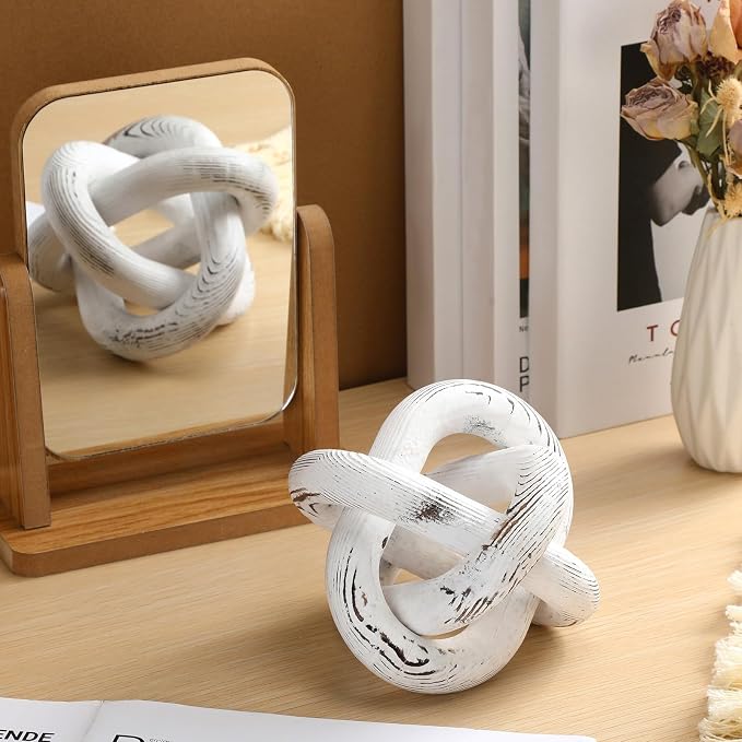 Yalikop 3 Link Wood Knot Decor Rustic Home Décor Accents Hand Carved Coffee Table Decoration, Boho Chain Link Decoration, Modern Shelf, Rustic Objects for Home Living Room Bedroom(Retro White) - Image 5