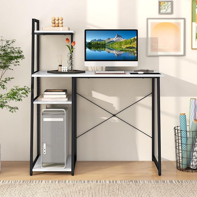 Giantex Computer Desk with Shelves, 47.5” Home Office Desk with Bookshelf, Host Stand, Metal Frame, PC Laptop Workstation, Modern Study Writing Desk for Bedroom, Small Space (White & Black) - Image 2