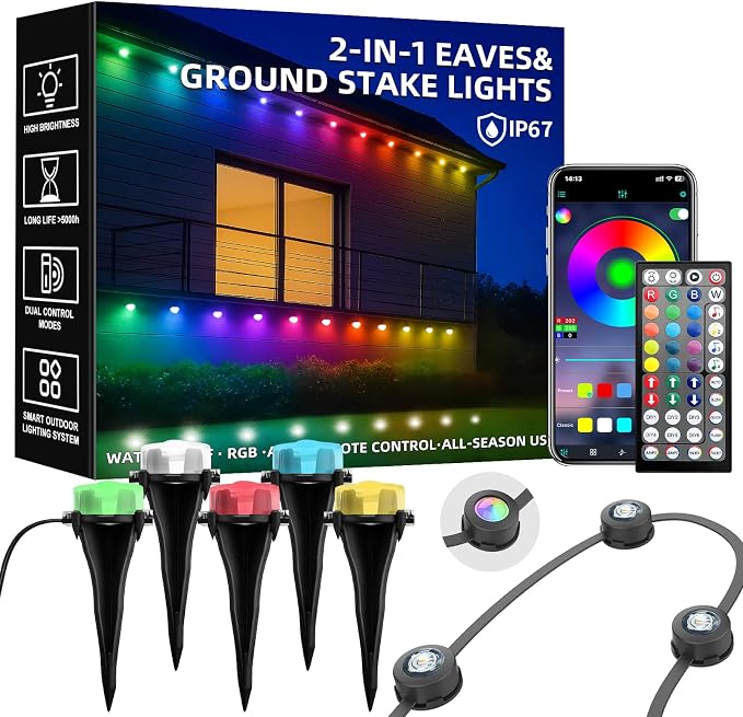 50FT 2-in-1 Eaves & Ground Stakes LED String Lights – Outdoor RGB Light with App/Remote Control for House, Garden, and Landscape – Waterproof Smart Color-Changing Lighting for Christmas, Daily Decor by Geodurn