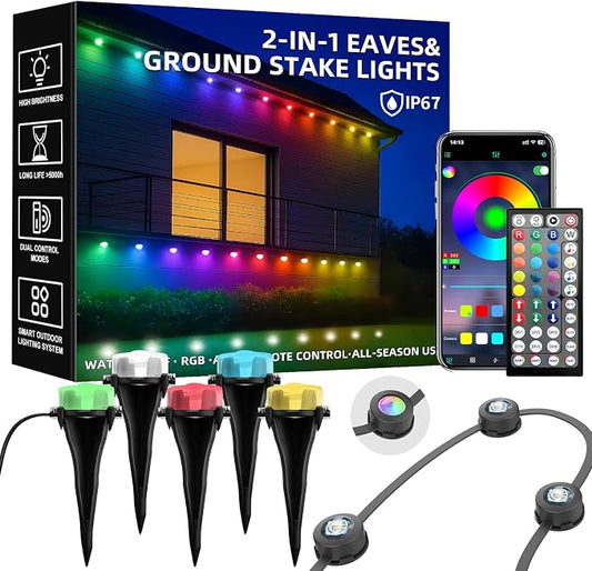 50FT 2-in-1 Eaves & Ground Stakes LED String Lights – Outdoor RGB Light with App/Remote Control for House, Garden, and Landscape – Waterproof Smart Color-Changing Lighting for Christmas, Daily Decor by Geodurn