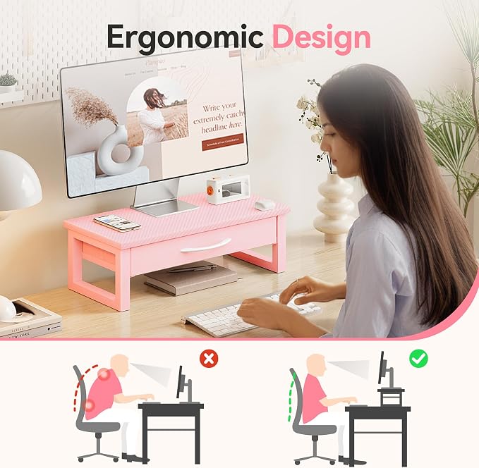 Desk Organizers and Accessories, Computer Monitor Stand Riser with Fabric Drawer, 2-Tier Laptop Stand for Desk, Office Organization Accessories, Pink - Image 2