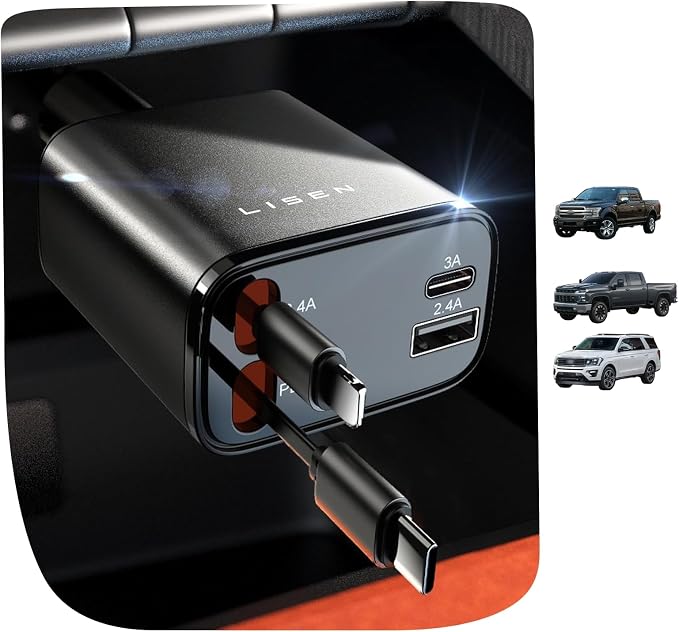 LISEN Retractable Car Charger, [2026 Upgrade 50 inch ] Long 4 in 1 Retractable Cable Car Charger, USB C Car Charger Fast Charging for iPhone 17 16 15 14 13 12 11 X Pro Max Plus Mini, Samsung S26 | Multiple Ports Car Charger, Retractable Car Charger Fas... by Lisen