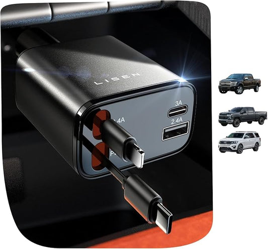 LISEN Retractable Car Charger, [2026 Upgrade 50 inch ] Long 4 in 1 Retractable Cable Car Charger, USB C Car Charger Fast Charging for iPhone 17 16 15 14 13 12 11 X Pro Max Plus Mini, Samsung S26 | Multiple Ports Car Charger, Retractable Car Charger Fas... by Lisen