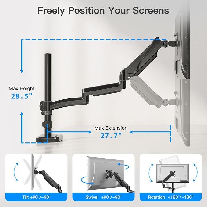 Extra Long Arm Monitor Mount, Fits Max 32" Hold up to 19.8lbs | Single Long Arm Computer Desk Mount, Extra Long Adjustable Stand, Tall Arm with Tilt, Swivel, Rotation, VESA 75/100mm - Image 6