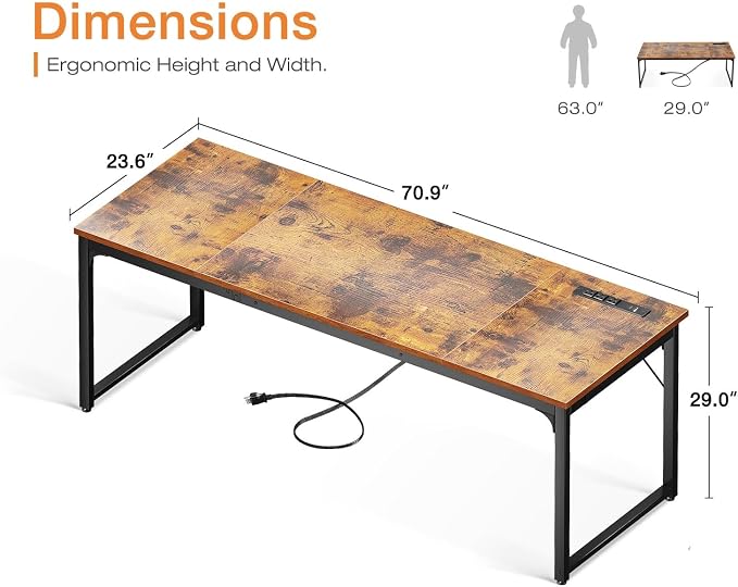 Coleshome 71 Inch Computer Desk with USB Ports, Large Office Desk, Long Study Student Writing Desk, Rustic Brown | Extra-long workspace • Fits dual monitors • Stable steel frame • Spacious legroom • Home office & gaming - Image 3